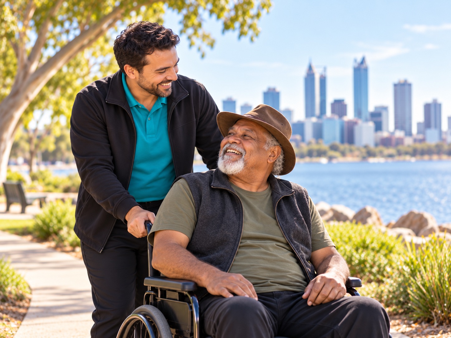 A support worker and an older wheelchair user smiling together beside the river